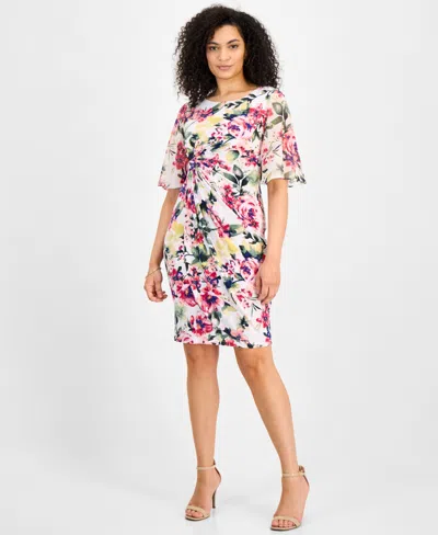 Connected Women's Floral-print Faux-wrap Dress In Wht