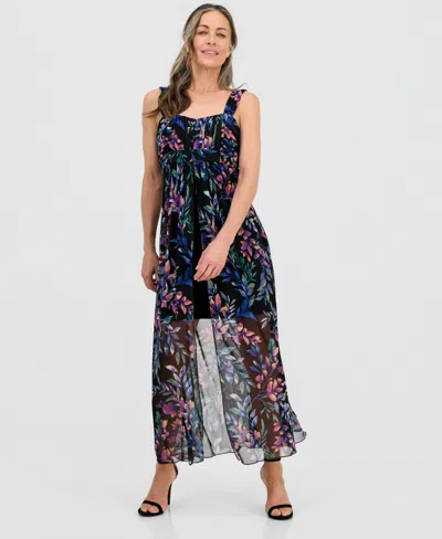 Connected Women's Floral Print Sleeveless Maxi Dress In Blk