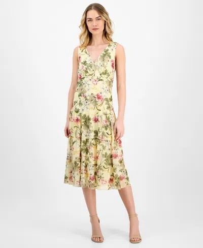 Connected Women's Floral Print Tiered Sleeveless Midi Dress In Yellow