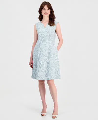 Connected Women's Floral-jacquard Notch-neck Dress In Green
