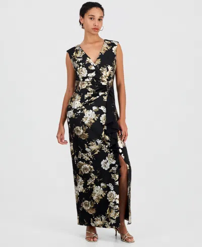 Connected Women's Floral-print Ruffle V-neck Dress In Black
