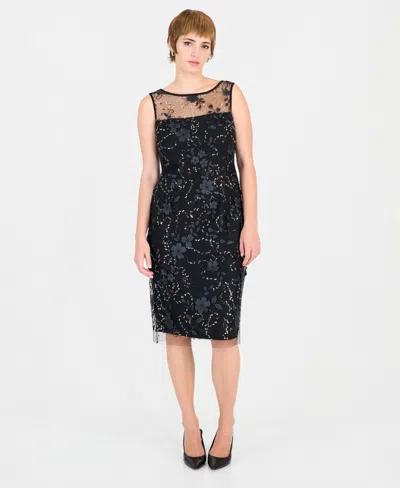 Connected Women's Floral-print Sequin Boat-neck Sheath Dress In Black