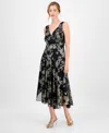 Connected Women's Foil Chiffon Asymmetric-hem Dress In Black