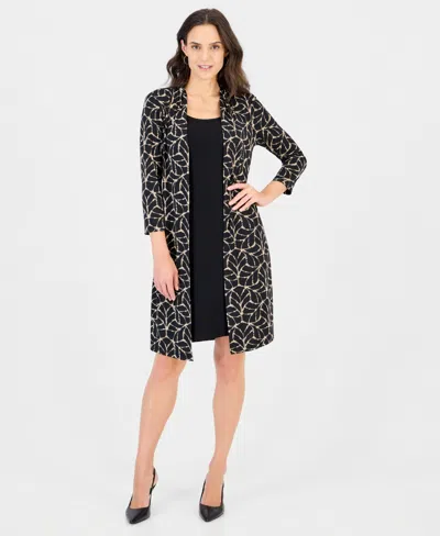 Connected Women's Geometric-print Scoop Neck 3/4-sleeve Jacket Dress In Camel