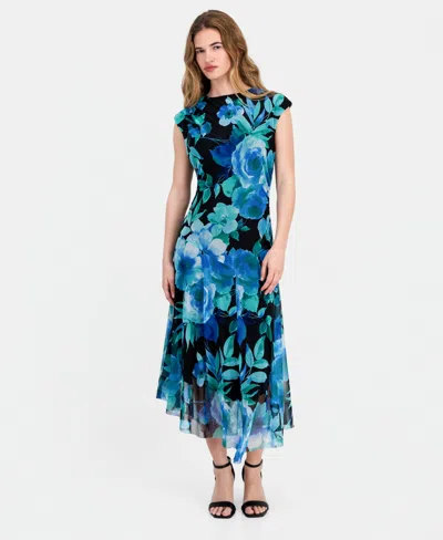 Connected Women's High-neck Cap-sleeve Mesh Dress In Blue
