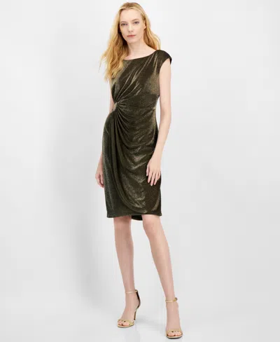 Connected Women's Metallic Knit Draped Dress In Gold
