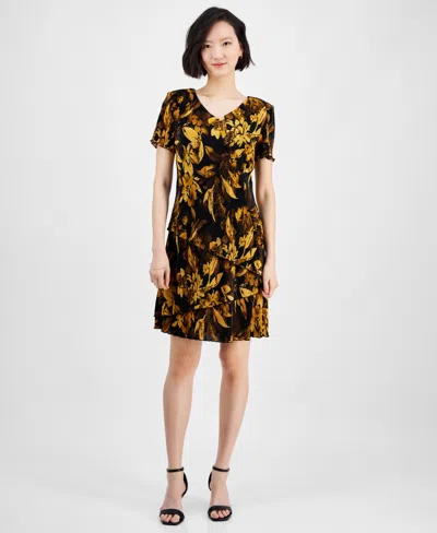Connected Women's Pleated Tiered Floral Sheath Dress In Bronze