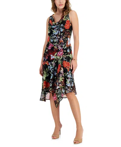 Connected Women's Printed Chiffon Handkerchief-hem Dress In Black