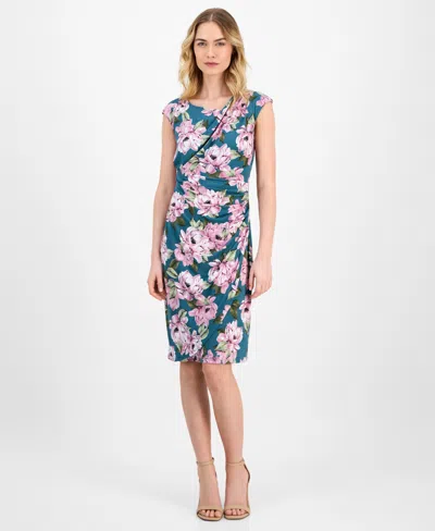 Connected Women's Printed Gathered Cap-sleeve Sheath Dress In Seafoam