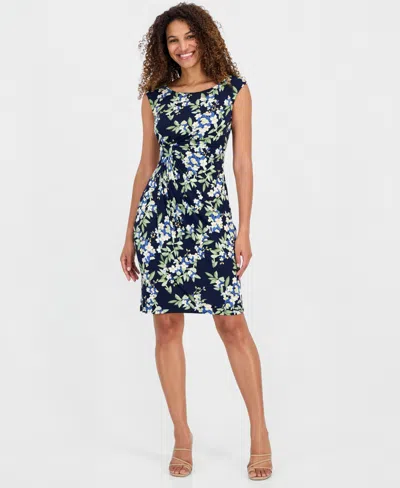 Connected Women's Printed Round-neck Faux-wrap Dress In Blue