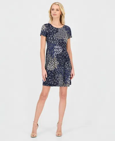 Connected Women's Printed Short-sleeve Fit & Flare Dress In Blue