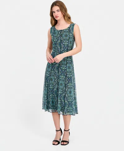 Connected Women's Round-neck Sleeveless Mesh Panel Dress In Green