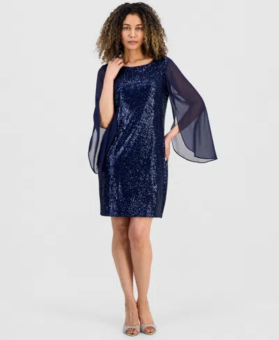 Connected Women's Sequinned Cape-sleeve Dress In Blue