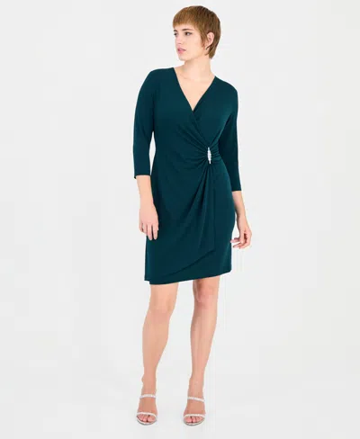 Connected Women's Solid Jersey Mock Wrap V-neck 3/4 Sleeve Dress In Hunter