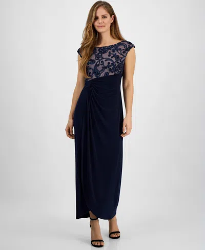 Connected Women's Soutache Lace Cap-sleeve Faux-wrap Gown In Navy,mauve