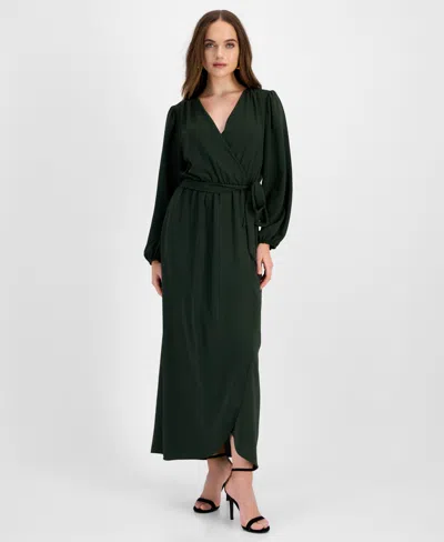 Connected Women's Surplice-neck Faux-wrap Long-sleeve Dress In Green