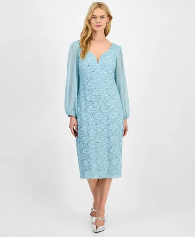 Connected Women's Sweetheart-neck Long-sleeve Midi Dress In Dusty Aqua