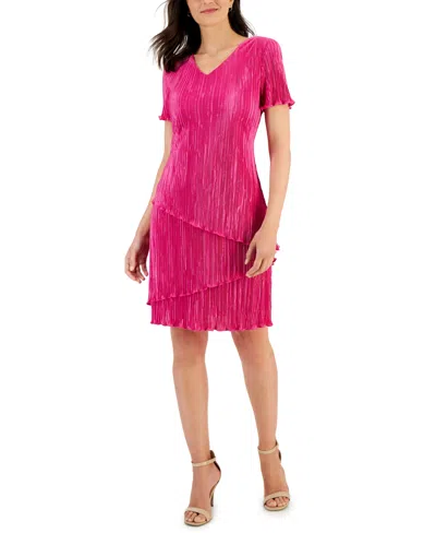 Connected Women's V-neck Tiered Short-sleeve Sheath Dress In Dark Rasberry