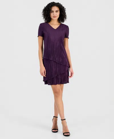 Connected Women's V-neck Tiered Short-sleeve Sheath Dress In Purple