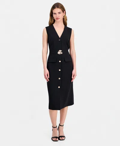 Connected Women's V-neck Sleeveless Belted Sheath Dress In Blue