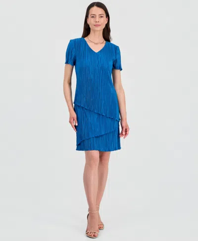 Connected Women's V-neck Tiered Short-sleeve Sheath Dress In Blue