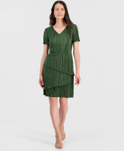 Connected Women's V-neck Tiered Short-sleeve Sheath Dress In Gray