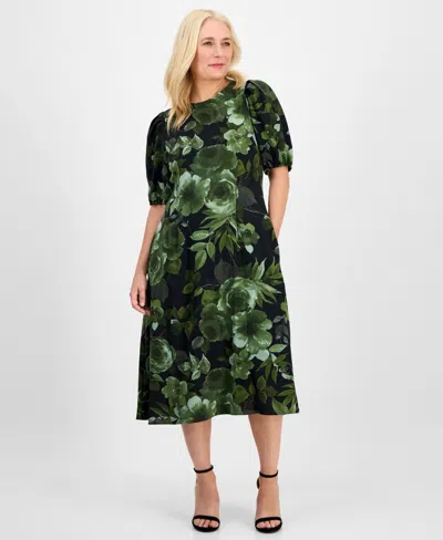 Connected Women's Woven Puff-sleeve Round-neck Midi Dress