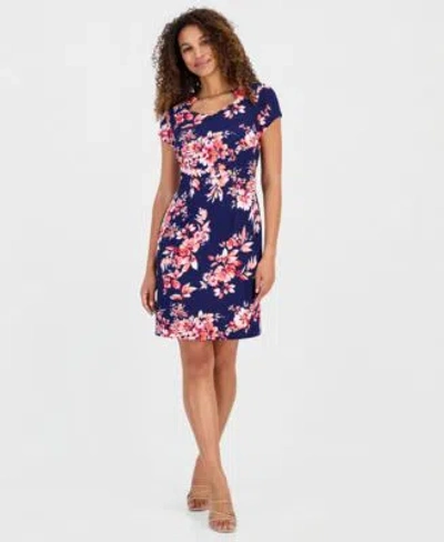 Connected Womens Cutout Neck Short Sleeve Sheath Dress In Multi