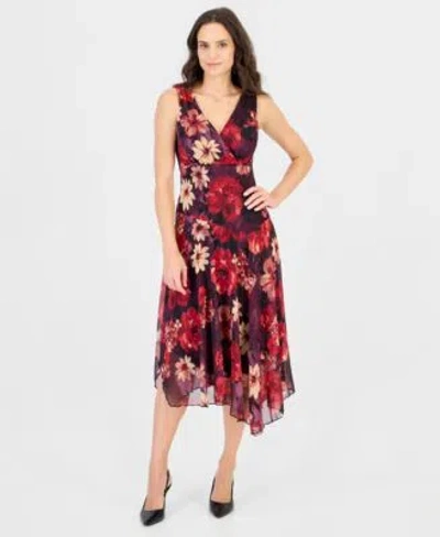 Connected Womens Floral Asymmetrical Dress In Berry