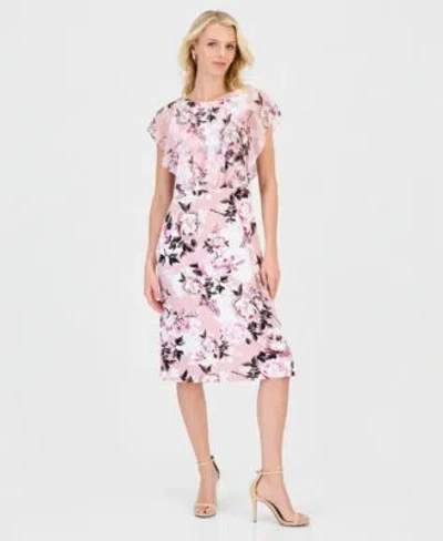 Connected Womens Floral Print Flutter Sleeve Midi Dress