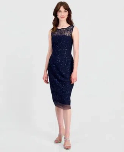 Connected Womens Illusion Sequin Embellsihed Cocktail Dress In Blue