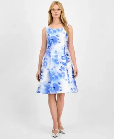 Connected Womens Scoop Neck Satin Pleated Waist Dress In Navy Multi