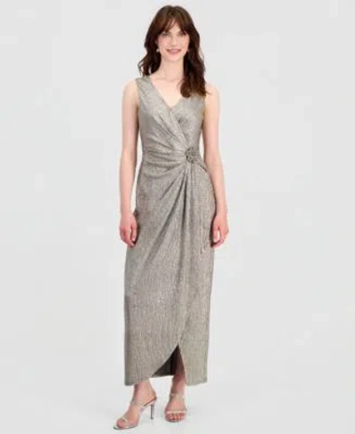 Connected Womens Surplice Neck Gathered Waist Maxi Dress In Gray