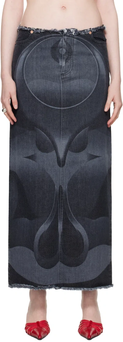 Conner Ives Black Ghulam Denim Midi Skirt In Black Denim
