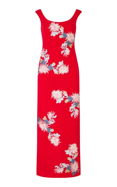 Conner Ives Demi Couture Embroidered Silk Midi Dress In Red