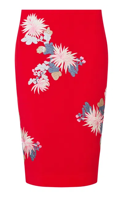 Conner Ives Demi Couture Embroidered Silk Midi Skirt In Red