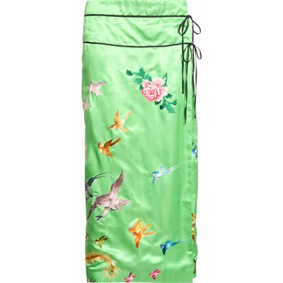 Conner Ives Demi-couture Reconstituted Embroidered Silk Wrap Skirt In Green