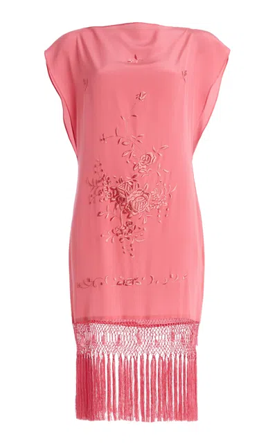 Conner Ives Exclusive Piano Shawl Embroidered Silk Mini Shift Dress In Pink