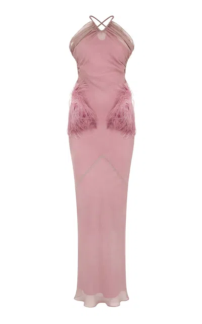 Conner Ives Feather-embellished Silk-chiffon Gown In Pink