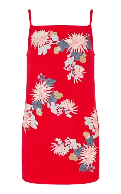 Conner Ives Floral Embroidered Silk Mini Dress In Red