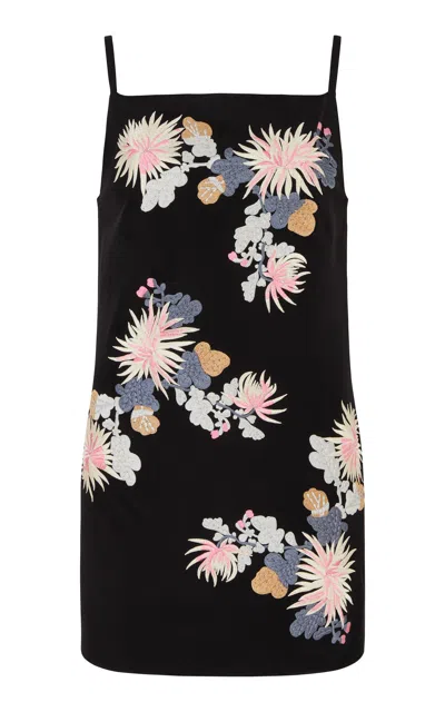 Conner Ives Floral Embroidered Silk Mini Dress In Black