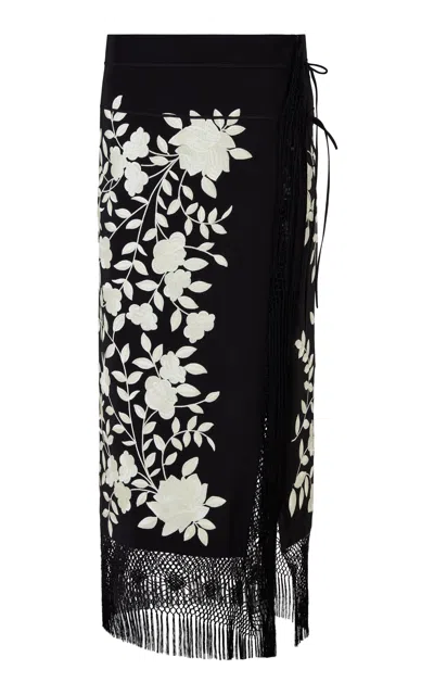 Conner Ives Floral Fringed Silk Midi Skirt In Black