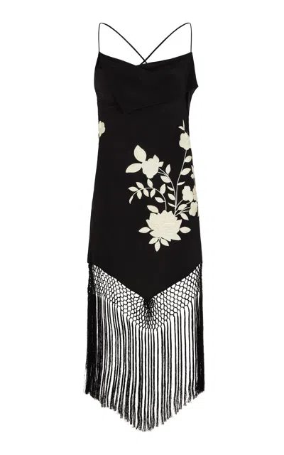 Conner Ives Floral Fringed Silk Mini Dress In Black