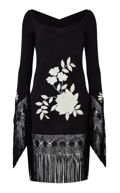 Conner Ives Floral Fringed Silk Mini Dress In Black