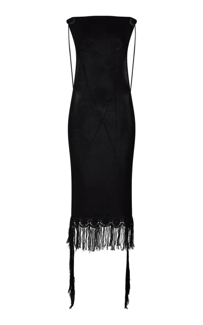Conner Ives Fringed Knit Midi Dress In Black