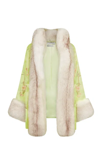 Conner Ives Fur-trimmed Embroidered Silk Coat In Multi