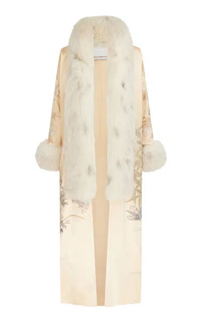 Conner Ives Fur-trimmed Silk Robe In Yellow