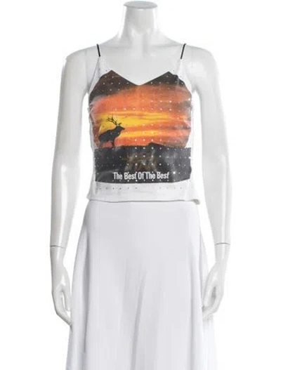 Pre-owned Conner Ives Graphic Print V-neck Crop Top In White