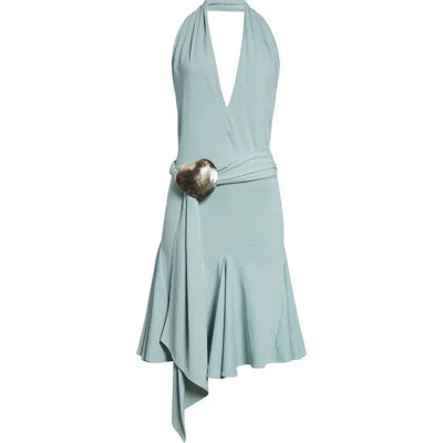Conner Ives Mother-of-pearl Shell Sash Belt Halter Dress In Green