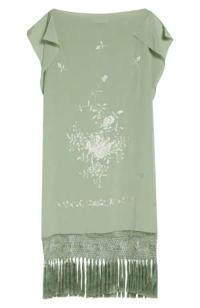 Conner Ives Piano Shawl Floral Embroidered Fringe Silk Minidress In Green